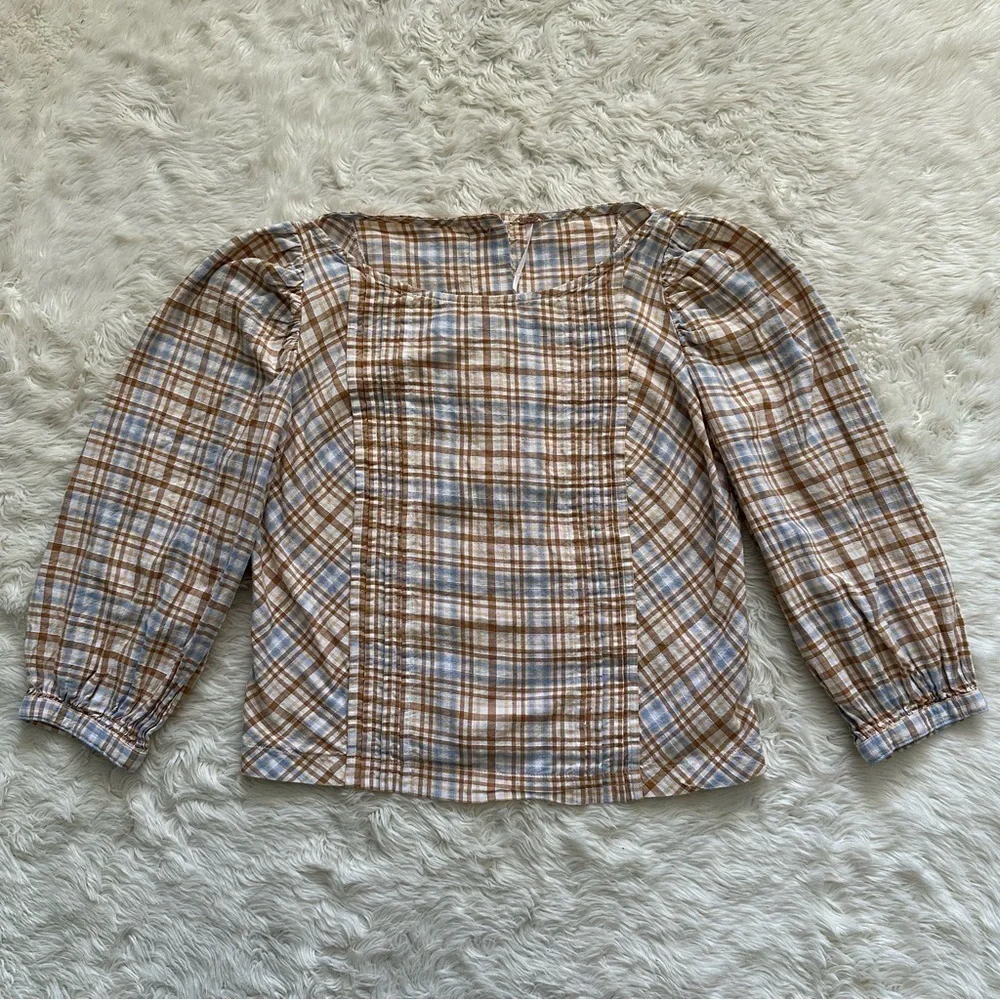 Free People Top Button Back Puff Sleeve Plaid Tan Blue S